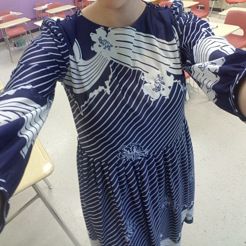 Vintage Dress, Navy Floral, Button Shoulder Details